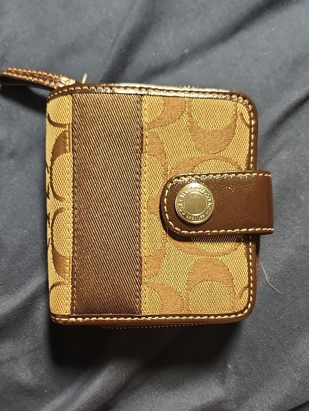 Coach Brown Signature Canvas Zip Card Holder with Snap Tab